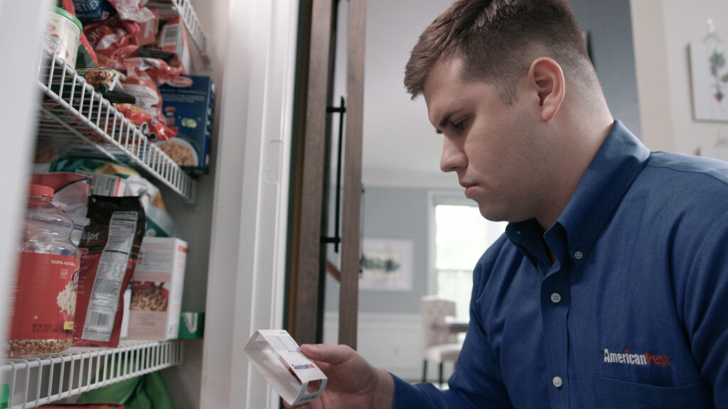 American Pest technician performing an inspection of a pantry