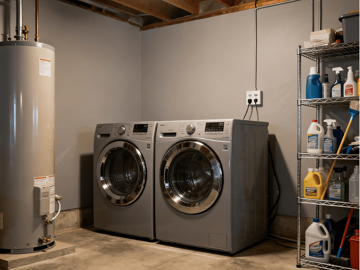 washer, dryer, and water heater in basement