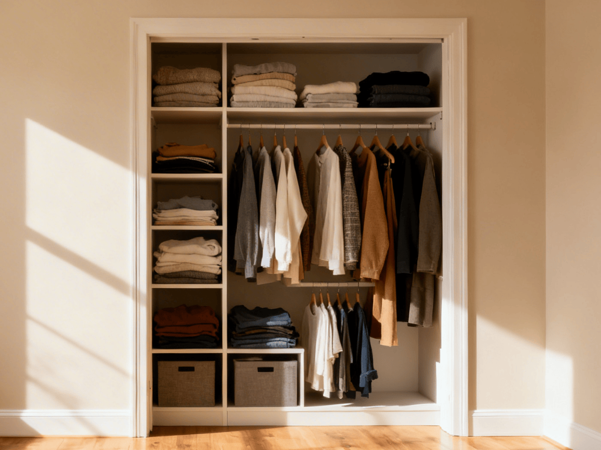 organized bedroom closet with items off the floor