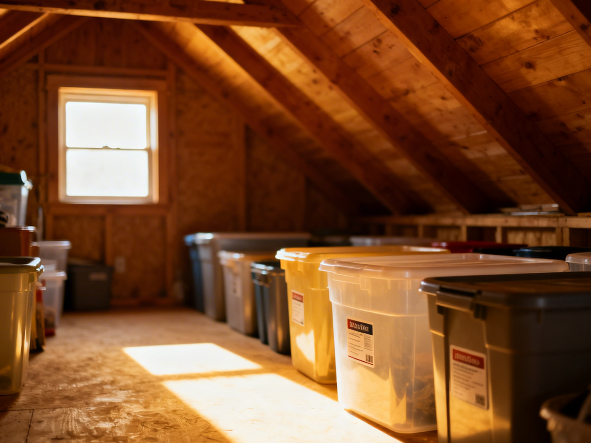 attic with plastic storage and floors